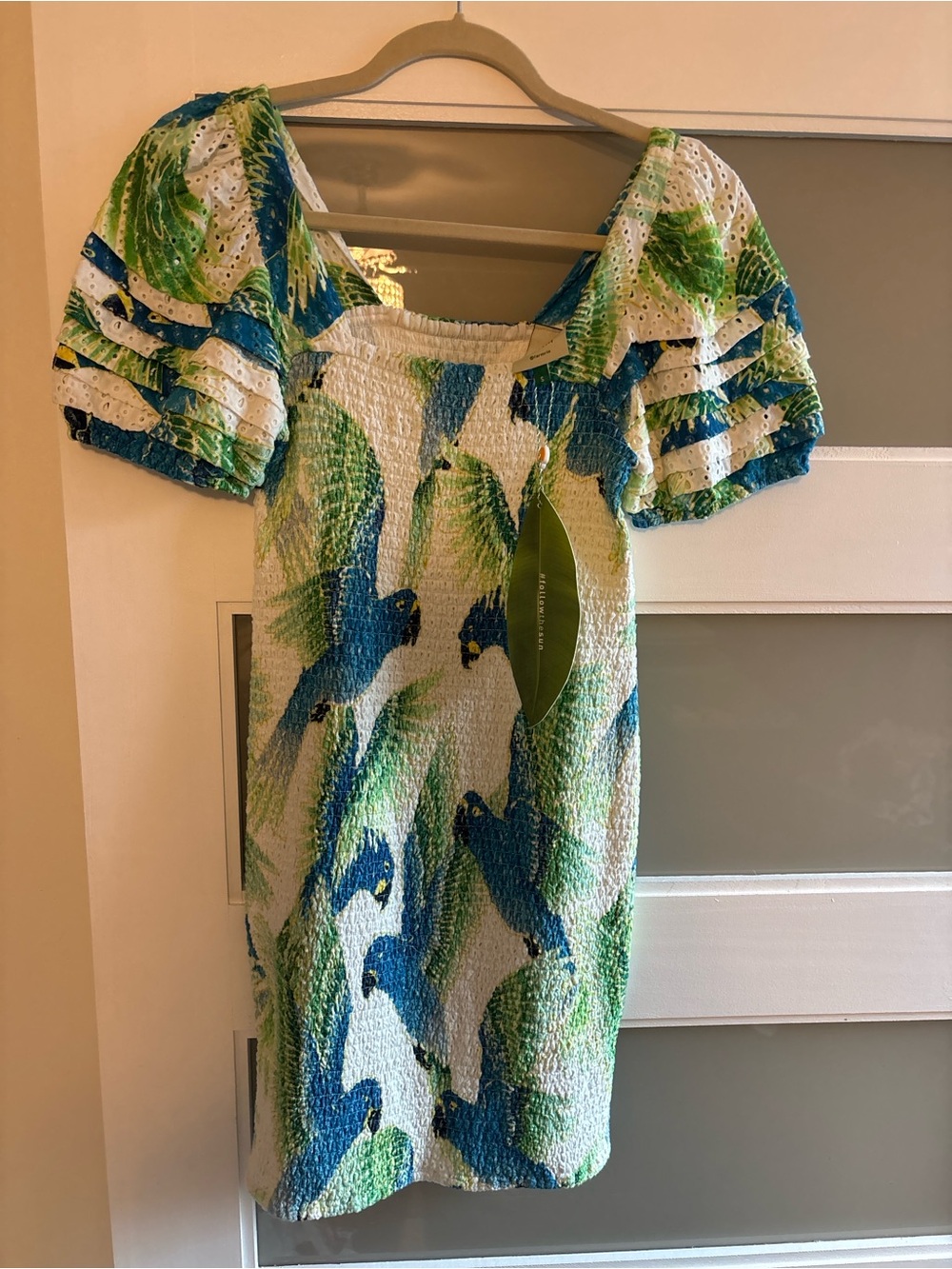FARM Rio Puff-Sleeve Parrot Print Dress - Blue & Green